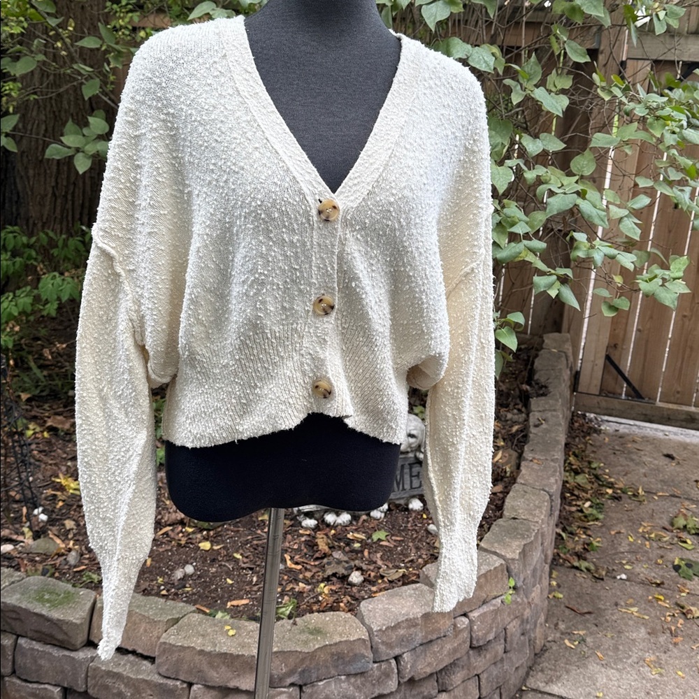 Free People Cream Textured V-Neck Button Front Sweater